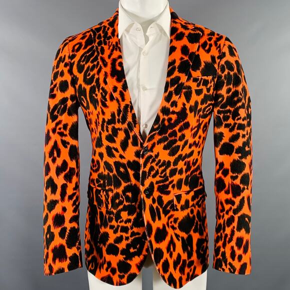 R13 Size 38 Orange Black Leopard  Print Cotton Velvet Notch Lapel Sport Coat - Picture 1 of 1